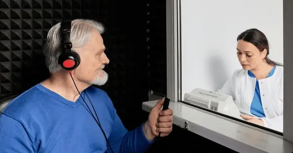 Doctor con un paciente en una cabina audiométrica con auriculares y botones.